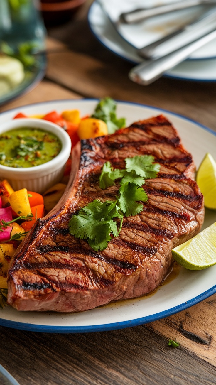 Grilled skirt steak with mojo marinade garnished with cilantro and lime, served with chimichurri sauce on a wooden table.